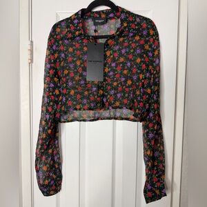 NWT The Kooples Black Sheer Top with Multicolor Floral Design